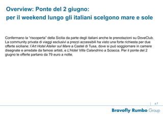 Confermano la “riscoperta” della Sicilia da parte degli italiani anche le prenotazioni su DoveClub.
La community privata di viaggi esclusivi a prezzi accessibili ha visto una forte richiesta per due
offerte siciliane: l’Art Hotel Atelier sul Mare a Castel di Tusa, dove si può soggiornare in camere
disegnate e arredate da famosi artisti, e L’Hotel Villa Calandrino a Sciacca. Per il ponte del 2
giugno le offerte partano da 79 euro a notte.
p.7
Overview: Ponte del 2 giugno:
per il weekend lungo gli italiani scelgono mare e sole
 