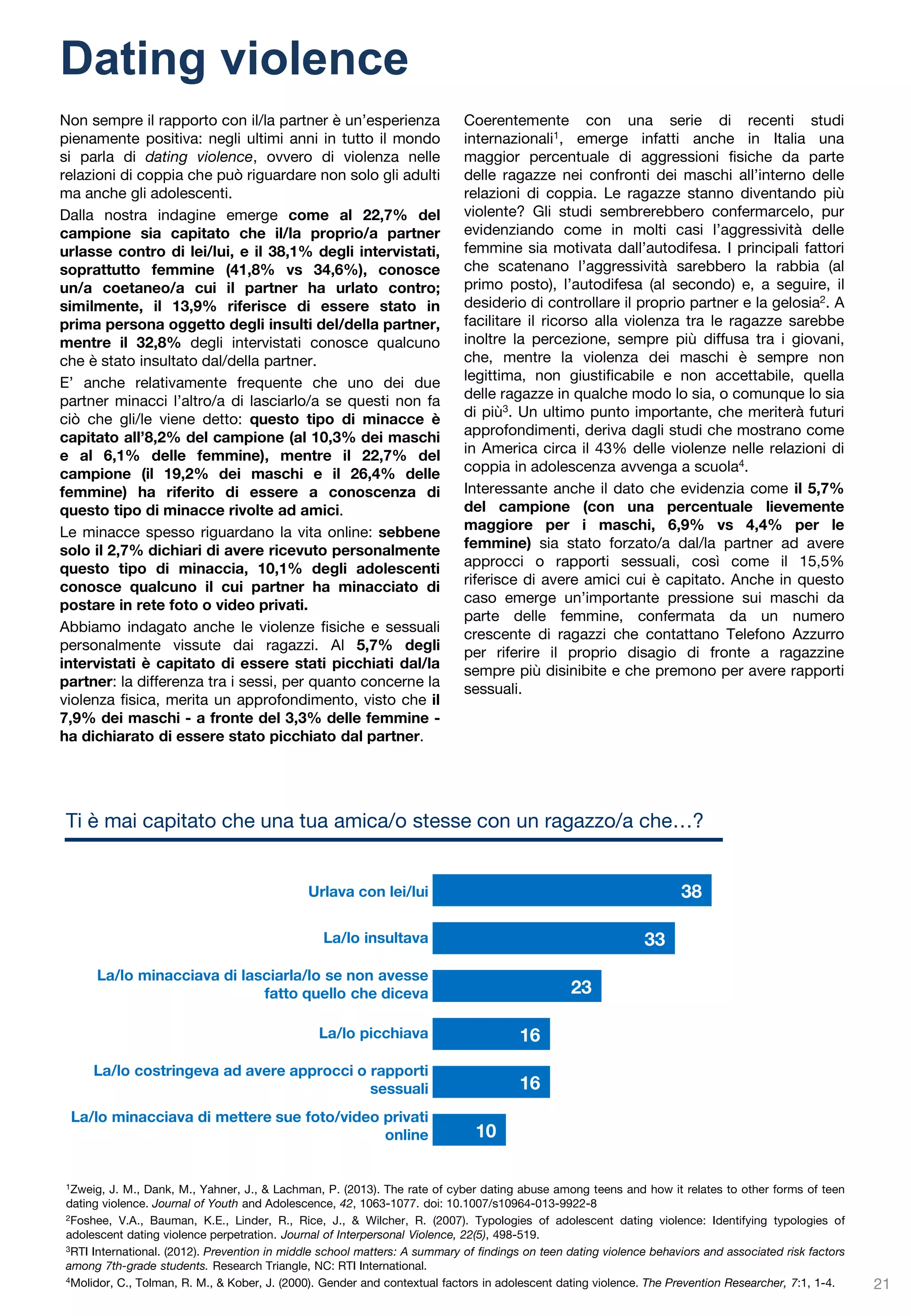 16% 3 o più volte nell’ultimo mese 
Emerge da molte statistiche italiane ed europee1 come il consumo di alcool e droghe tra i giovani sia non solo diffusissimo, ma cominci in età sempre più precoci. La presente indagine lo conferma: al 50,6% degli adolescenti intervistati capita di bere alcolici, con percentuali che vanno dal 30,8% degli 11-14enni al 66,3% dei 15-19enni, ad indicare un trend crescente con il passaggio dalla preadolescenza all’adolescenza. 
Se l’alcolico più bevuto a tutte le età sembra essere la birra (58,5% degli 11-14enni e il 53,6% dei 15- 19enni), la situazione cambia rispetto all’assunzione di vino, più comune tra gli 11-14enni (31,7% vs 11,5% tra i 15-19enni) – generalmente consumato in famiglia - e per i superalcolici, più diffusi tra i ragazzi delle scuole superiori (34,9% vs 9,8% degli 11-14enni). 
Dall’indagine emerge come l’alcool sia una sostanza non solo molto diffusa e accessibile, ma che viene spesso usata in modo incontrollato: la metà degli adolescenti dice di essersi ubriacato almeno una volta - senza differenze tra i sessi - di cui il 33,2% almeno una volta nell’ultimo mese (il 16% 3 o più volte). Gli episodi di ubriacatura riguardano quasi 1 su 3 degli 11-14enni (30,3%) e più di 1 su 2 dei 15-19enni (57,1%). Se tra i più piccoli il luogo privilegiato per bere alcolici viene identificato nella discoteca (64,8% degli 11-14enni vs 39,1% dei 15-19enni), il dato si modifica al crescere dell’età. Il 48,9% dei 15- 19enni dichiara di assumere alcool nei locali pubblici, ad esempio bar e pub, contro il 15,6% degli 11-14enni. 
L’assunzione di alcolici risulta, inoltre, maggiormente diffusa tra le femmine rispetto ai maschi (56,9% vs. 44,7%), soprattutto per i superalcolici, assunti dal 37,1% delle ragazze intervistate, rispetto al 17,4% dei ragazzi. Se da un lato questa prevalenza può essere, almeno in parte, spiegata da una maggiore disponibilità delle ragazze ad ammettere comportamenti a rischio, dall’altro i risultati della ricerca sono in linea con quelli di studi internazionali che riportano un aumento considerevole nell’assunzione di alcolici da parte delle ragazze, per fattori che hanno a che vedere con la società, la famiglia, l’adolescenza e il singolo. L’abuso di alcolici, anche per le ragazze, rappresenta in alcuni casi un modo per gestire emozioni negative e stati di sofferenza, in altri lo strumento per cercare visibilità, alleanze e riconoscimento sociale; in altri ancora gli effetti dell’alcool vengono usati dalle ragazze in modo strumentale con obiettivi di controllo del peso: la “drunkoressia” è l’abitudine di digiunare per poi consumare alcolici, un comportamento che prevede il digiuno per compensare le calorie assunte successivamente tramite alcool (con l’effetto aggiuntivo di potenziare gli effetti inebrianti della sostanza alcolica). Non bisogna inoltre dimenticare che questo dato è particolarmente preoccupante – e merita immediata attenzione – visto che le conseguenze dell’assunzione di alcool sono peggiori nelle femmine che nei maschi: le ragazze metabolizzano l’alcool diversamente dai maschi, raggiungono più velocemente lo stato di ubriachezza (a parità di peso e consumo alcolico) e sono maggiormente a rischio di problemi medici, ad esempio cardiaci. 
L’assunzione di alcolici non è comunque meno rischiosa per i coetanei maschi: dal punto di vista neurobiologico il cervello e il corpo dell’adolescente sono in una fase di crescita e spesso non sono ancora presenti gli enzimi destinati alla metabolizzazione dell'alcool, che permettono di scomporre l’etanolo in sostanze più tollerabili per l’organismo. 
Consumo di alcol e droghe 
1 WHO (2014) Health for the World’s Adolescents. A second chance in the second decade. Disponibile su http://apps.who.int/adolescent/second- decade/section3/page4/dalys.html 
U.S. Department of Health and Human Services, Public Health Service. 10th Special Report to the U.S. Congress on Alcohol and Health, 254. 
National Institute on Alcohol Abuse and Alcoholism. (2009). "Are Women More Vulnerable to Alcohol's Effects?" Alcohol Alert, 46 
46 
40 
8 
5 
2 
Discoteca 
Locali pubblici 
Luoghi pubblici 
Casa 
Scuola 
Il 33% dei ragazzi sì è ubriacato almeno una volta nell’ultimo mese 
Il maggior uso di alcolici è.. 
65% secondarie di 1° 
39% secondarie di 2° 
16% secondarie di 1° 
49% secondarie di 2° 
21  