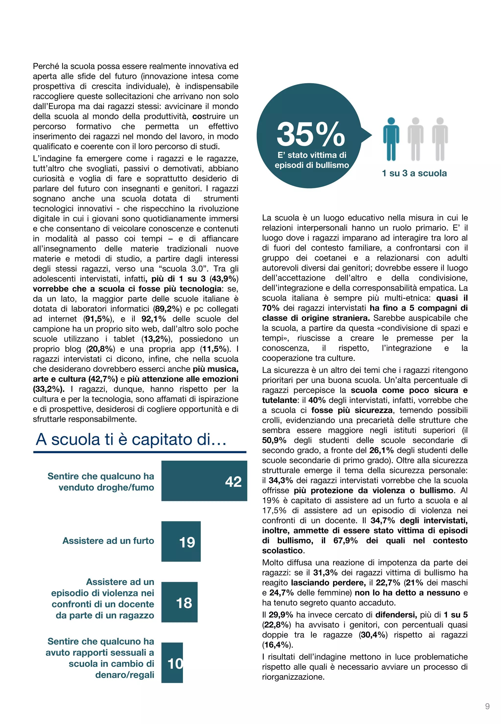 Si conferma inoltre l’importante dimensione affettiva della famiglia. Per quasi 1 adolescente su 2 (48,2%) i genitori sono una presenza rassicurante e oltre il 65% dei ragazzi intervistati li considera persone di cui potersi fidare con cui condividere vissuti ed esperienze: circa 1 adolescente su 4 (quasi 1 su 3 tra i 15-19enni) racconta di parlare con i propri genitori di qualsiasi argomento, anche delicato come sessualità o uso di droghe. 
La riservatezza resta comunque un “must” dell’adolescenza - quasi 1 ragazzo su 5 (19,7%) afferma che i genitori non conoscono tutto quello che il figlio fa – così come la richiesta di maggiore libertà e autonomia, unita ad un vissuto di insofferenza davanti a tutto ciò che viene percepito come “limite” e “invadenza”: più di 1 adolescente su 4 (26,4%) ritiene che i suoi genitori dovrebbero fidarsi di più di lui/lei, e questa percentuale è più alta tra gli 11-14enni (30,6%) che tra i 15-19enni (23,2%). Il 24% degli 11-14enni vorrebbe che i genitori concedessero loro maggiore libertà, in confronto al 15,4% dei 15-19enni, valore indicativo del fatto che sempre più precocemente i ragazzi esprimono il desiderio di essere riconosciuti come “già grandi”, mentre i genitori tenderebbero ad essere meno controllanti al crescere dell’età dei figli. Il 17,9% dei ragazzi intervistati ritiene che i genitori non dovrebbero intervenire nella loro vita privata, il 15,1% pensa che i genitori siano una presenza a volte invadente, che impone le loro scelte e giudica: il 15,3% afferma che i genitori dovrebbero giudicarli di meno. 
Ragazzi che, da un lato, desiderano affetto, dall’altro chiedono libertà e comprensione. Gli adulti – genitori e insegnanti - sono chiamati a rispondere a queste richieste, ma anche ad educare e a promuovere l’assunzione di responsabilità. Come – drammaticamente – sembra voler ricordare nel film “Class Enemy” il regista sloveno Bicek, la realtà di questa funzione adulta è più articolata e complessa di quanto possa apparire ad un primo sguardo: è bene, allora, tenere presente che “andare sempre incontro” ai ragazzi, essere “buoni”, non vuol dire necessariamente fare il loro bene. Un’eccessiva “comprensione” da parte degli adulti maschera, a volte, la loro difficoltà a reggere un ruolo autorevole che implica un dialogo fatto anche di contrapposizioni e scontri. 
I loro genitori 
66% 
48% 
26% 
25% 
20% 
19% 
18% 
15% 
15% 
13% 
12% 
Sono persone di cui posso fidarmi 
Sono una presenza rassicurante 
Dovrebbero fidarsi di più di me 
Parlano con me di qualsiasi argomento 
Non conoscono tutto quello che faccio 
Dovrebbero lasciarmi più libertà 
Non dovrebbero intervenire nella mia vita privata 
Dovrebbero giudicarmi di meno 
Sono una presenza a volte invadente 
Dovrebbero trascorrere più tempo con me 
Dovrebbero parlare di più con me 
9  