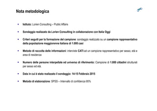 Nota metodologica
Istituto: Lorien Consulting – Public Affairs
Sondaggio realizzato da Lorien Consulting in collaborazione con Italia Oggi
Criteri seguiti per la formazione del campione: sondaggio realizzato su un campione rappresentativo
della popolazione maggiorenne italiana di 1.000 casi
Metodo di raccolta delle informazioni: interviste CATI ad un campione rappresentativo per sesso, età e
area di residenzaarea di residenza
Numero delle persone interpellate ed universo di riferimento: Campione di 1.000 cittadini strutturati
per sesso ed età.
Data in cui è stato realizzato il sondaggio: 14-15 Febbraio 2015
Metodo di elaborazione: SPSS – Intervallo di confidenza 95%
 