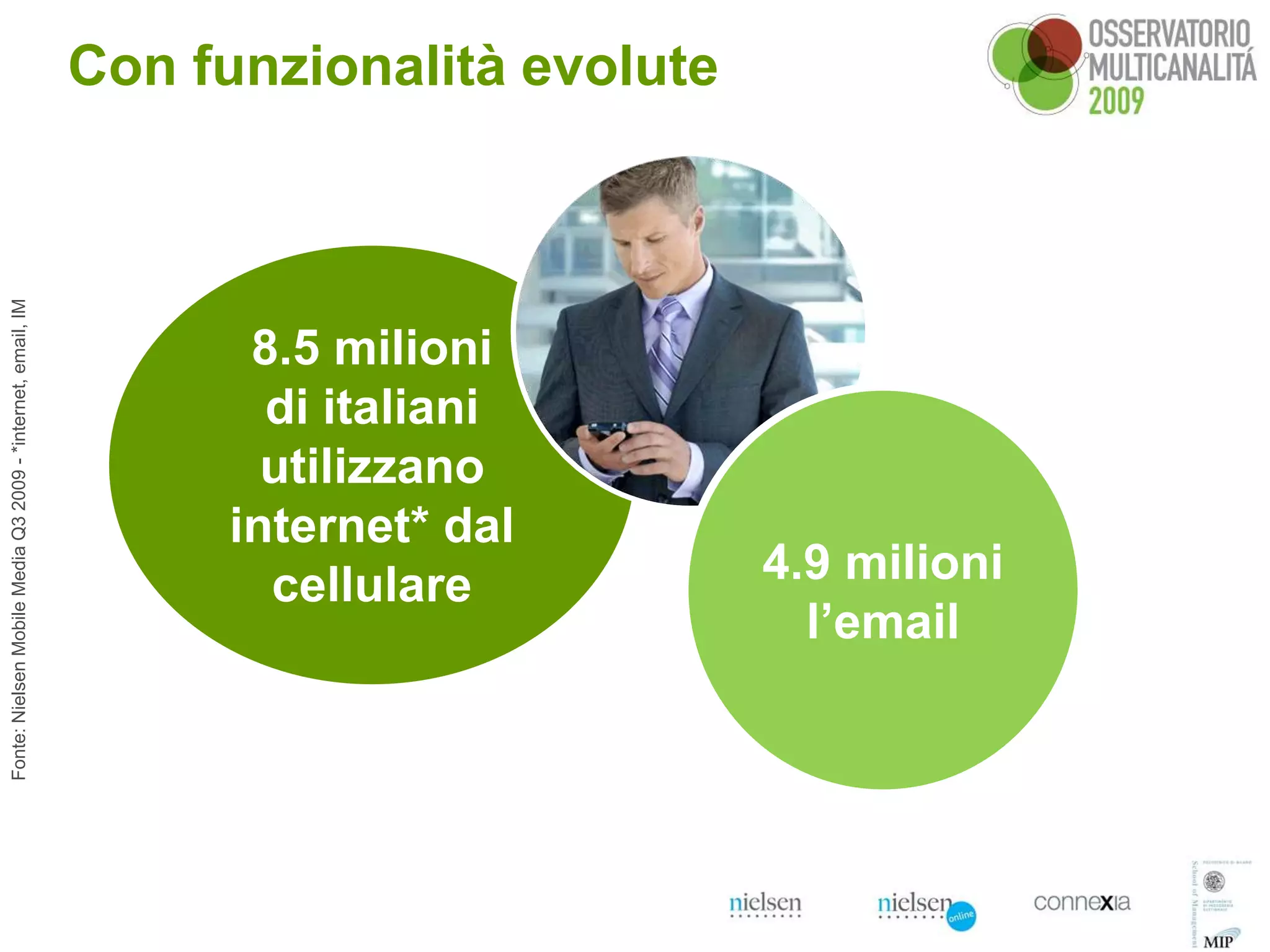 Con funzionalità evolute
Fonte: Nielsen Mobile Media Q3 2009 - *internet, email, IM




                                                                   8.5 milioni
                                                                    di italiani
                                                                    utilizzano
                                                                  internet* dal
                                                                    cellulare           4.9 milioni
                                                                                          l’email
 