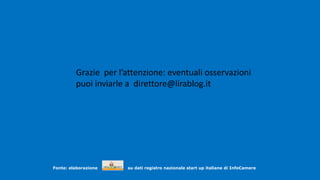 .
Fonte: elaborazione su dati registro nazionale start up italiane di InfoCamere
.
Grazie per l’attenzione: eventuali osservazioni
puoi inviarle a direttore@lirablog.it
 