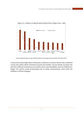 7
Le testate online nell’ecosistema delle fonti informative
Figura 1.4 – Audience In-App Facebook (Utenti Unici e Pagine viste – mln)
Fonte: Audiweb Survey in-app mobile Facebook - Browsing e Instant Articles. Novembre 2017
La forza del marchio degli editori tradizionali si trasferisce in maniera diretta sulle modalità di
accesso alle relative offerte informative da parte dei cittadini: l’accesso diretto al proprio sito
vale oltre il 60% per le testate con un marchio storico come Repubblica e Corriere della Sera (v.
Fiugra 1.5), mentre scende drasticamente per le testate esclusivamente online (25% per
CityNews e 16% per Fanpage).
 