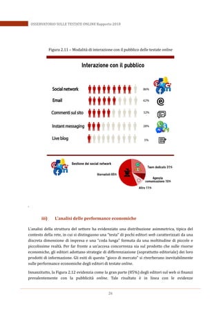 26
OSSERVATORIO SULLE TESTATE ONLINE Rapporto 2018
Figura 2.11 – Modalità di interazione con il pubblico delle testate online
.
iii) L’analisi delle performance economiche
L’analisi della struttura del settore ha evidenziato una distribuzione asimmetrica, tipica del
contesto della rete, in cui si distinguono una “testa” di pochi editori web caratterizzati da una
discreta dimensione di impresa e una “coda lunga” formata da una moltitudine di piccole e
piccolissime realtà. Per far fronte a un’accesa concorrenza sia sul prodotto che sulle risorse
economiche, gli editori adottano strategie di differenziazione (soprattutto editoriale) dei loro
prodotti di informazione. Gli esiti di questo “gioco di mercato” si riverberano inevitabilmente
sulle performance economiche degli editori di testate online.
Innanzitutto, la Figura 2.12 evidenzia come la gran parte (85%) degli editori sul web si finanzi
prevalentemente con la pubblicità online. Tale risultato è in linea con le evidenze
 