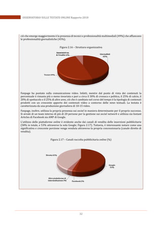 32
OSSERVATORIO SULLE TESTATE ONLINE Rapporto 2018
ciò che emerge maggiormente è la presenza di tecnici e professionalità multimediali (49%) che affiancano
le professionalità giornalistiche (45%).
Figura 2.16 – Struttura organizzativa
Fanpage ha puntato sulla comunicazione video. Infatti, mentre dal punto di vista dei contenuti la
percentuale è rimasta più o meno invariata e pari a circa il 30% di cronaca e politica, il 25% di calcio, il
20% di spettacolo e il 25% di altre aree, ciò che è cambiato nel corso del tempo è la tipologia di contenuti
prodotti con un crescente apporto dei contenuti video a contorno delle news testuali. La testata è
caratterizzata da una produzione giornaliera di 10-15 video.
Fanpage, inoltre, utilizza la propria presenza sui social in maniera determinante per il proprio successo.
Si avvale di un team interno di più di 20 persone per la gestione sui social network e utilizza sia Instant
Articles di Facebook sia AMP di Google.
L’utilizzo delle piattaforme online è evidente anche dai canali di vendita delle inserzioni pubblicitarie
(58% in totale, e 53% attraverso la sola Google; Figura 2.17). Tuttavia, è interessante notare come una
significativa e crescente porzione venga venduta attraverso la propria concessionaria (canale diretto di
vendita).
Figura 2.17 – Canali raccolta pubblicitaria online (%)
 