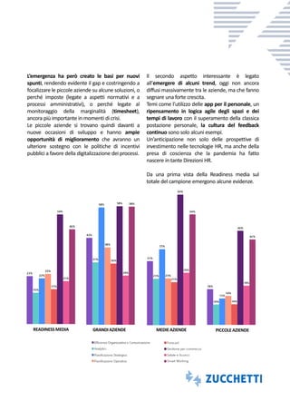 L’emergenza ha però creato le basi per nuovi
spunti, rendendo evidente il gap e costringendo a
focalizzare le piccole aziende su alcune soluzioni, o
perché imposte (legate a aspetti normativi e a
processi amministrativi), o perché legate al
monitoraggio della marginalità (timesheet),
ancora più importante in momenti di crisi.
Le piccole aziende si trovano quindi davanti a
nuove occasioni di sviluppo e hanno ampie
opportunità di miglioramento che avranno un
ulteriore sostegno con le politiche di incentivi
pubblici a favore della digitalizzazione dei processi.
Il secondo aspetto interessante è legato
all’emergere di alcuni trend, oggi non ancora
diffusi massivamente tra le aziende, ma che fanno
segnare una forte crescita.
Temi come l’utilizzo delle app per il personale, un
ripensamento in logica agile degli spazi e dei
tempi di lavoro con il superamento della classica
postazione personale, la cultura del feedback
continuo sono solo alcuni esempi.
Un’anticipazione non solo delle prospettive di
investimento nelle tecnologie HR, ma anche della
presa di coscienza che la pandemia ha fatto
nascere in tante Direzioni HR.
Da una prima vista della Readiness media sul
totale del campione emergono alcune evidenze.
READINESSMEDIA GRANDIAZIENDE MEDIE AZIENDE PICCOLEAZIENDE
 