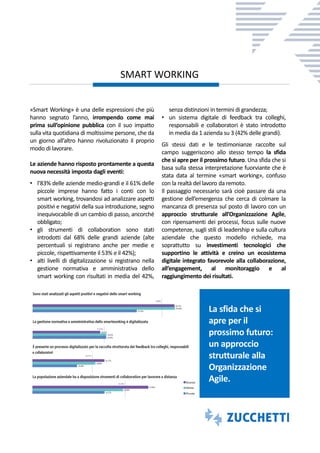 «Smart Working» è una delle espressioni che più
hanno segnato l’anno, irrompendo come mai
prima sull’opinione pubblica con il suo impatto
sulla vita quotidiana di moltissime persone, che da
un giorno all’altro hanno rivoluzionato il proprio
modo di lavorare.
Le aziende hanno risposto prontamente a questa
nuova necessità imposta dagli eventi:
• l’83% delle aziende medio-grandi e il 61% delle
piccole imprese hanno fatto i conti con lo
smart working, trovandosi ad analizzare aspetti
positivi e negativi della sua introduzione, segno
inequivocabile di un cambio di passo, ancorché
obbligato;
• gli strumenti di collaboration sono stati
introdotti dal 68% delle grandi aziende (alte
percentuali si registrano anche per medie e
piccole, rispettivamente il 53% e il 42%);
• alti livelli di digitalizzazione si registrano nella
gestione normativa e amministrativa dello
smart working con risultati in media del 42%,
senza distinzioni in termini di grandezza;
• un sistema digitale di feedback tra colleghi,
responsabili e collaboratori è stato introdotto
in media da 1 azienda su 3 (42% delle grandi).
Gli stessi dati e le testimonianze raccolte sul
campo suggeriscono allo stesso tempo la sfida
che si apre per il prossimo futuro. Una sfida che si
basa sulla stessa interpretazione fuorviante che è
stata data al termine «smart working», confuso
con la realtà del lavoro da remoto.
Il passaggio necessario sarà cioè passare da una
gestione dell’emergenza che cerca di colmare la
mancanza di presenza sul posto di lavoro con un
approccio strutturale all’Organizzazione Agile,
con ripensamenti dei processi, focus sulle nuove
competenze, sugli stili di leadership e sulla cultura
aziendale che questo modello richiede, ma
soprattutto su investimenti tecnologici che
supportino le attività e creino un ecosistema
digitale integrato favorevole alla collaborazione,
all’engagement, al monitoraggio e al
raggiungimento dei risultati.
La sfida che si
apre per il
prossimo futuro:
un approccio
strutturale alla
Organizzazione
Agile.
SMART WORKING
 