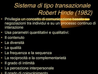 Sistema di tipo transazionale
Robert Hinde (1982)
• Privilegia un concetto di comunicazione basato su
negoziazioni tra ind...