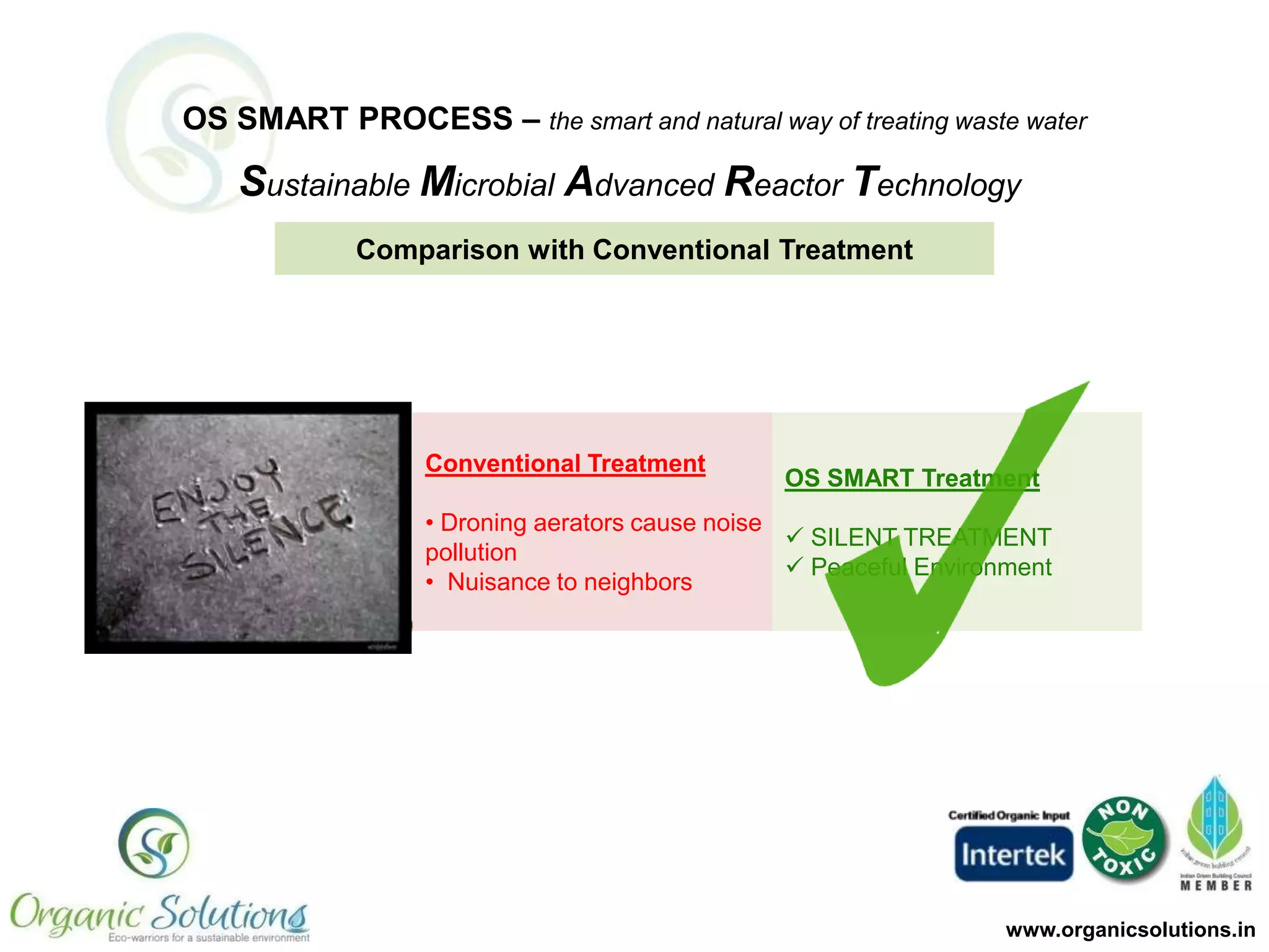 OS SMART PROCESS – the smart and natural way of treating waste water

Sustainable Microbial Advanced Reactor Technology
Comparison with Conventional Treatment

OS SMART Treatment
Conventional Treatment
• High Capital Cost
• High Operation Cost
• High Maintenance Cost

 Lower Capital Costs
 Lower Operation Costs by
approx 50%
 Lower Maintenance Costs by
approx 80%

COST

www.organicsolutions.in

 