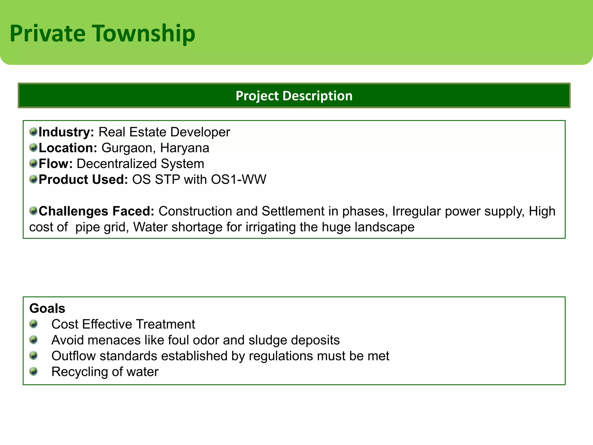Private Township
Project Methodology
We advised the client to adopt a decentralized approach to save on the piping, pumping and
electricity costs that they would have to bear in a centralized system.
Each cluster of houses is connected to an STP, and the treated water is used in the
neighboring landscape.

Results Achieved
No Sludge Handling
No Foul Odor
All outlet parameters are met (BOD <30mg/l)
Eco-friendly approach with minimum energy consumption and emission of gases
Zero-discharge ; treated water is being used to irrigate the landscape
Cost of operation is in direct proportion to increase in flow as the settlement is taking place

 