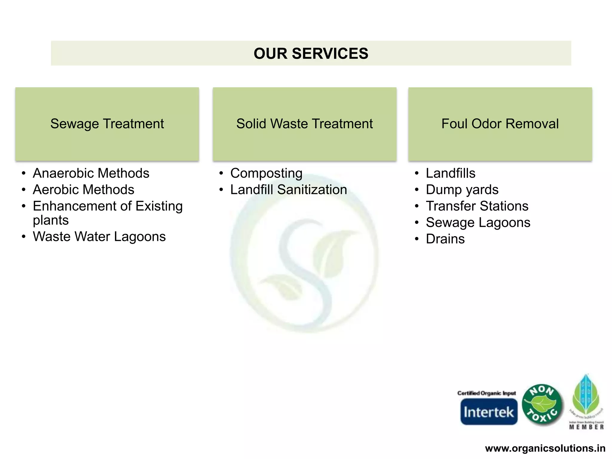 OUR SERVICES

Sewage Treatment

• Anaerobic Methods
• Aerobic Methods
• Enhancement of Existing
plants
• Waste Water Lagoons

Solid Waste Treatment

• Composting
• Landfill Sanitization

Foul Odor Removal

•
•
•
•
•

Landfills
Dump yards
Transfer Stations
Sewage Lagoons
Drains

www.organicsolutions.in

 