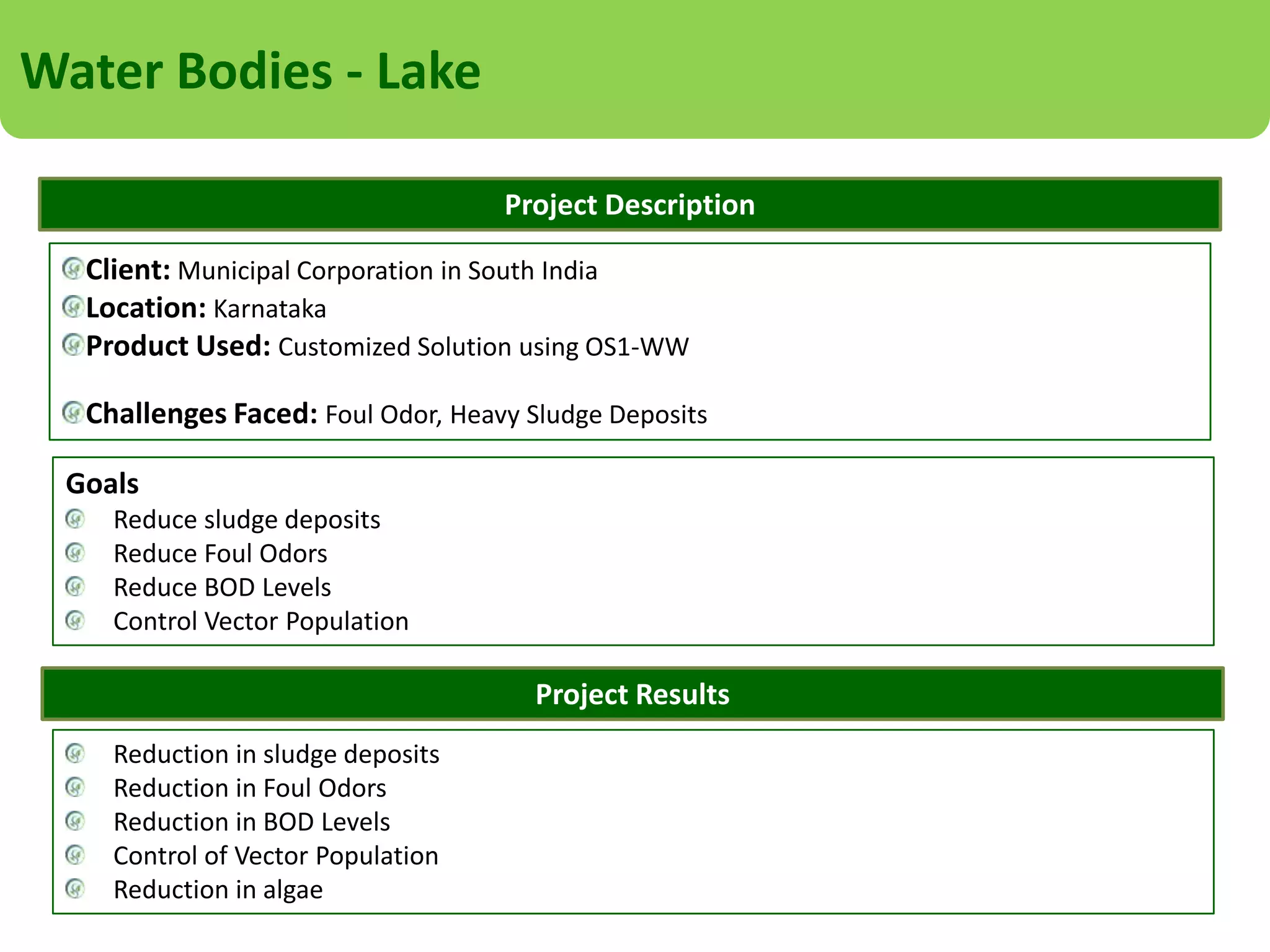 Water Bodies - Lake
Snapshots

BACTERIAL CULTURE BEING SPRAYED TO REMOVE FOUL ODOUR & REDUCE THE ORGANIC MATTER

LAKE AFTER TREATMENT

 