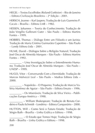 José Anastácio de Sousa Aguiar

– Editora Civilização Brasileira – 2ª Edição – 2001.

Fontes – 1999.

José Oscar de Almeida Marques – São Paulo – Editora Martins
Fontes – 1992.
UNESP – 1999.

2000.
léria Martinez de Aguiar – São Paulo – Editora Ensaio – 1996.
cações Europa-América – 1998.
-

200

 