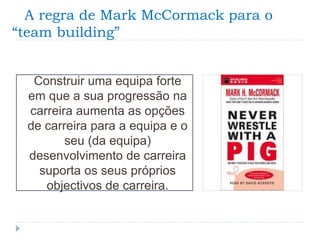 A regra de Mark McCormack para o
“team building”
Construir uma equipa forte
em que a sua progressão na
carreira aumenta as opções
de carreira para a equipa e o
seu (da equipa)
desenvolvimento de carreira
suporta os seus próprios
objectivos de carreira.
 