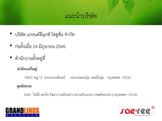 แนะนำาบริษัท

    บริษัท แกรนด์ลีนุกซ์ โซลูชั่น จำากัด

    ก่อตั้งเมื่อ 24 มิถุนายน 2545

    สำานักงานตั้งอยู่ที่
     สำำนักงำนใหญ่
          199/2 หมู่ 12 ถนนนวลจันทร์ แขวงคลองกุ่ม เขตบึงกุ่ม กรุงเทพฯ 10230
     ศูนย์อบรม
          8/94 วิสต้า พาร์ค รัชดา-รามอินทรา แขวงคันนายาว เขตคันนายาว กรุงเทพฯ 10230
 