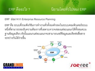 ERP คืออะไร ?                        นิยามโดยทัวไปของ ERP
                                                  ่
ERP ย่อมาจาก Enterprise Resource Planning
ERP คือ ระบบที่รวมฟังก์ชันการทำางานทั่วทั้งองค์กรลงในระบบคอมพิวเตอร์ระบบ
หนึ่งที่สามารถรองรับความต้องการที่เฉพาะเจาะจงของแต่ละแผนกได้ทั้งหมดบน
ฐานข้อมูลเดียว ดังนั้นแผนกแต่ละแผนกจะสามารถแชร์ข้อมูลและติดต่อสื่อสาร
ระหว่างกันได้ง่ายขึ้น
 