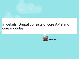In details, Drupal consists of core APIs and core modules. 