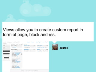 Views allow you to create custom report in form of page, block and rss. 