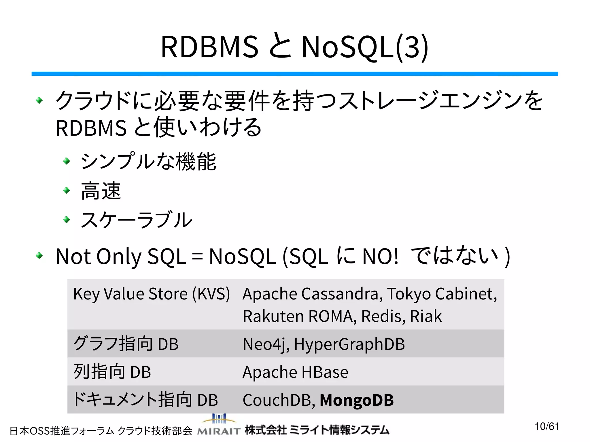 RDBMS と NoSQL(3)
クラウドに必要な要件を持つストレージエンジンを
RDBMS と使いわける
シンプルな機能
高速
スケーラブル

Not Only SQL = NoSQL (SQL に NO! ではない )
Key Value Store (KVS) Apache Cassandra, Tokyo Cabinet,
Rakuten ROMA, Redis, Riak
グラフ指向 DB

Neo4j, HyperGraphDB

列指向 DB

Apache HBase

ドキュメント指向 DB

CouchDB, MongoDB

日本OSS推進フォーラム クラウド技術部会

10/61

 