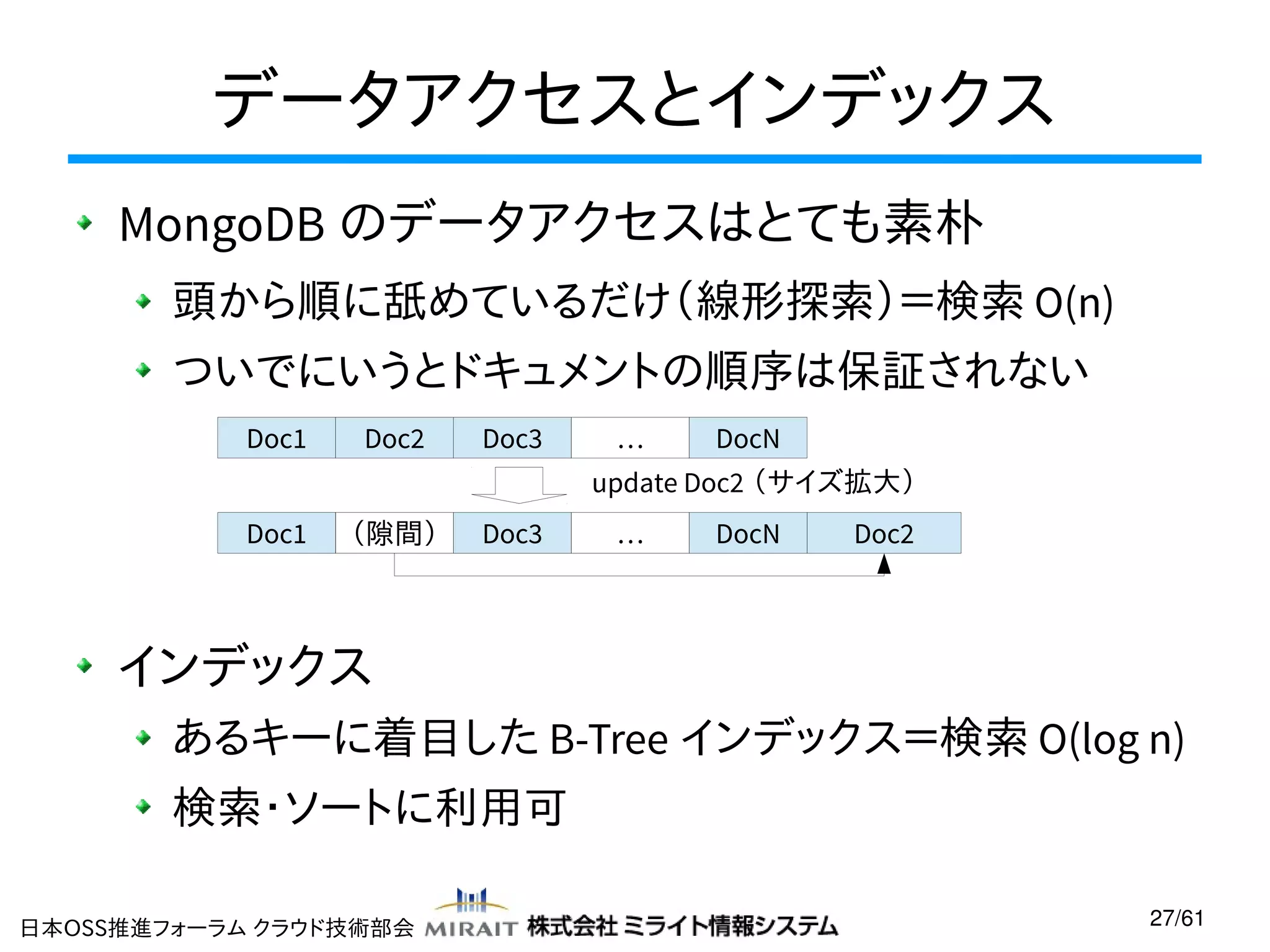 データアクセスとインデックス
MongoDB のデータアクセスはとても素朴
頭から順に舐めているだけ（線形探索）＝検索 O(n)
ついでにいうとドキュメントの順序は保証されない
Doc1

Doc2

Doc3

…

DocN

update Doc2 （サイズ拡大）
Doc1

（隙間）

Doc3

…

DocN

Doc2

インデックス
あるキーに着目した B-Tree インデックス＝検索 O(log n)
検索・ソートに利用可
日本OSS推進フォーラム クラウド技術部会

27/61

 