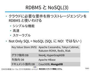 RDBMS と NoSQL(3)
クラウドに必要な要件を持つストレージエンジンを
RDBMS と使いわける
シンプルな機能
高速
スケーラブル

Not Only SQL = NoSQL (SQL に NO! ではない )
Key Value Store (KVS) Apache Cassandra, Tokyo Cabinet,
Rakuten ROMA, Redis, Riak
グラフ指向 DB

Neo4j, HyperGraphDB

列指向 DB

Apache HBase

ドキュメント指向 DB

CouchDB, MongoDB

日本OSS推進フォーラム クラウド技術部会

10/61

 