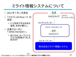 ミライト情報システムについて
2012 年 7 月 1 日発足
ミライト・
ホールディングス

「ミライト」は Mirai + IT の
造語
IT と技術で作る未来の
通信、未来の暮らし。

企業スローガン
「 OPEN THE NEXT! 」
私たちは、オープンシス
テムでお客様の「次」を
拓きます

2012 年 10 月 1 日〜
ミライト・テクノロジーズ

2012 年 7 月 1 日〜

株式会社ミライト情報システム

日本OSS推進フォーラム クラウド技術部会

5/61

 