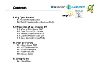 Contents

I. Why Open Source?
    I-1. Current Market Situation
    I-2. Open Innovation & Open Business Model

II. Introduction of Open Source SW
    II-1. What is Open Source SW?
    II-2. Open Source SW Licenses
    II-3. Benefits of Open Source SW
    II-4. Growth of Open Source SW
    II-5. Open Source Business Model

III. Open Source GIS
    III-1. Open Source GIS?
    III-2. FOSS4G Based SDI
    III-3. FOSS4G Projects
    III-4. Open GeoData
    III-5. Korean Cases

IV. Wrapping Up
    IV-1. Useful Sites
 