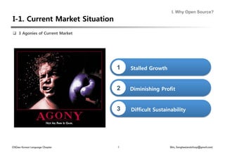 I. Why Open Source?




  3 Agonies of Current Market




                                  1   Stalled Growth


                                  2   Diminishing Profit


                                  3   Difficult Sustainability




OSGeo Korean Language Chapter     5                     Shin, Sanghee(endofcap@gmail.com)
 