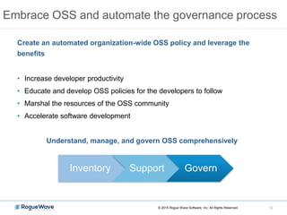 Embrace OSS and automate the governance process
12
Create an automated organization-wide OSS policy and leverage the
benef...