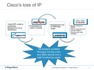 Cisco’s loss of IP
21
•Used GPL code to
customize
Broadcom's Linux
distribution
CyberTan
• Embedded the
code in chipset
Br...