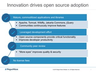Innovation drives open source adoption
7
 Open source components provide critical functionality
 Improves developer prod...