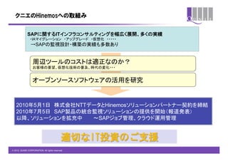 クニエのHinemosへの取組み


              SAPに関するITインフラコンサルティングを幅広く展開、多くの実績	
              　・IAマイグレーション　・アップグレード　・仮想化　・・・・・	
              　→SAPの監視設計・構築の実績も多数あり	


                   周辺ツールのコストは適正なのか？	
                   お客様の要望、仮想化技術の普及、時代の変化・・・	


                  オープンソースソフトウェアの活用を研究	


   2010年5月1日　株式会社NTTデータとHinemosソリューションパートナー契約を締結	
   2010年7月5日　SAP製品の統合監視ソリューションの提供を開始（報道発表）
   以降、ソリューションを拡充中　　　～SAPジョブ管理、クラウド運用管理


                                            適切なIT投資のご支援
© 2012 QUNIE CORPORATION. All rights reserved.!
 