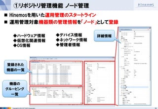 15 
Copyright © 2014 NTT DATA Corporation 
①リポジトリ管理機能 ノード管理 
Hinemosを用いた運用管理のスタートライン 
運用管理対象機器類の管理情報を「ノード」として登録 
詳細情報 
登録された 
機器の一覧 
機器の 
グルーピング 
一覧 
◆デバイス情報 
◆ネットワーク情報 
◆管理者情報 
◆ハードウェア情報 
◆仮想化関連情報 
◆OS情報 
 