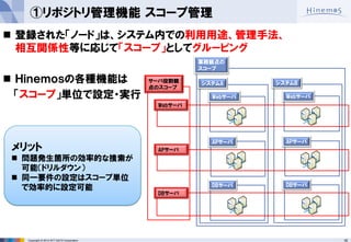 16 
Copyright © 2014 NTT DATA Corporation 
①リポジトリ管理機能 スコープ管理 
業務観点の 
スコープ 
システムA 
Webサーバ 
APサーバ 
DBサーバ 
システムB 
Webサーバ 
APサーバ 
DBサーバ 
Webサーバ 
APサーバ 
DBサーバ 
サーバ役割観 点のスコープ 
登録された「ノード」は、システム内での利用用途、管理手法、 相互関係性等に応じて「スコープ」としてグルーピング 
Ｈｉｎｅｍｏｓの各種機能は 
「スコープ」単位で設定・実行 
メリット 
問題発生箇所の効率的な捜索が 可能（ドリルダウン） 
同一要件の設定はスコープ単位 で効率的に設定可能  