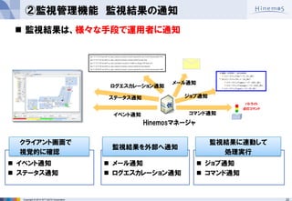 Copyright © 2014 NTT DATA Corporation 22 
ジョブ通知 
Jan 13 11:35:20 server01 su: pam_unix(su-l:session): session opened for user root by hinemos(uid=501) 
Jan 13 15:51:02 server01 su: pam_unix(su-l:session): session closed for user root 
Jan 13 15:51:04 server01 su: pam_keyinit(su-l:session): Unable to change UID back to 0 
Jan 13 15:51:04 server01 su: pam_unix(su-l:session): session closed for user hinemos 
Jan 13 20:40:05 server01 su: pam_unix(su-l:session): session opened for user root by hinemos(uid=500) 
コマンド通知 
ログエスカレーション通知 
ステータス通知 
イベント通知 
メール通知 
パトライト 
点灯コマンド 
Hinemosマネージャ 
 イベント通知 
 ステータス通知 
 メール通知 
 ログエスカレーション通知 
 ジョブ通知 
 コマンド通知 
 監視結果は、様々な手段で運用者に通知 
②監視管理機能 監視結果の通知 
クライアント画面で 
視覚的に確認 
監視結果を外部へ通知 
監視結果に連動して 
処理実行 
 