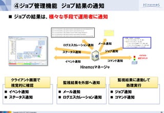 Copyright © 2014 NTT DATA Corporation 38 
ジョブ通知 
Jan 13 11:35:20 server01 su: pam_unix(su-l:session): session opened for user root by hinemos(uid=501) 
Jan 13 15:51:02 server01 su: pam_unix(su-l:session): session closed for user root 
Jan 13 15:51:04 server01 su: pam_keyinit(su-l:session): Unable to change UID back to 0 
Jan 13 15:51:04 server01 su: pam_unix(su-l:session): session closed for user hinemos 
Jan 13 20:40:05 server01 su: pam_unix(su-l:session): session opened for user root by hinemos(uid=500) 
コマンド通知 
ログエスカレーション通知 
ステータス通知 
イベント通知 
メール通知 
パトライト 
点灯コマンド 
Hinemosマネージャ 
 イベント通知 
 ステータス通知 
 メール通知 
 ログエスカレーション通知 
 ジョブ通知 
 コマンド通知 
 ジョブの結果は、様々な手段で運用者に通知 
④ジョブ管理機能 ジョブ結果の通知 
クライアント画面で 
視覚的に確認 
監視結果を外部へ通知 
監視結果に連動して 
処理実行 
 