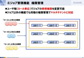 43 
Copyright © 2014 NTT DATA Corporation 
④ジョブ管理機能 権限管理 
ユーザ毎（ロール単位）でジョブの参照権限を変更可能 
ジョブ以外の機能でも同様の権限管理でマルチテナントに対応 
Job1-1 
Job１-2 
Job１-3 
Job2-1 
Job2-2 
Job2-3 
Job3-1 
Job3-2 
Job3-3 
「ロールA」の見える範囲 
「ロールB」の見える範囲 
「ロールC」の見える範囲  