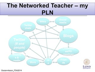 Ossiannilsson_FSA2014
The Networked Teacher – my
PLN
m
eWork
Frien
ds
Twitter
(# and
people) Conferenc
es/PD
meetings
Blogs
Social
mediaWikis
Twitter
chats
Website
s &
media
 