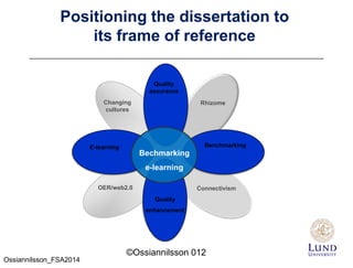 Connectivism
Knowledge
Management
Changing
cultures
Quality
assurance
BenchmarkingE-learning
Rhizome
Quality
enhancement
OER/web2.0
Bechmarking
e-learning
Positioning the dissertation to
its frame of reference
©Ossiannilsson 012
Ossiannilsson_FSA2014
 