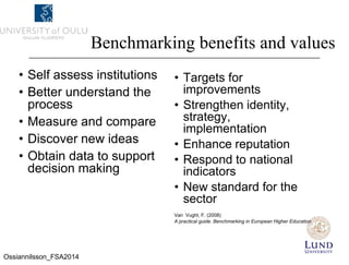 Benchmarking benefits and values
• Self assess institutions
• Better understand the
process
• Measure and compare
• Discover new ideas
• Obtain data to support
decision making
• Targets for
improvements
• Strengthen identity,
strategy,
implementation
• Enhance reputation
• Respond to national
indicators
• New standard for the
sector
Van Vught, F. (2008)
A practical guide. Benchmarking in European Higher Education
Ossiannilsson_FSA2014
 