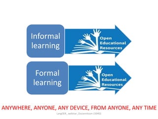 LangOER_ webinar_Ossiannilsson 150402
Informal
learning
Formal
learning
ANYWHERE, ANYONE, ANY DEVICE, FROM ANYONE, ANY TIME
 