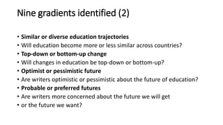 Nine gradients identified (2)
• Similar or diverse education trajectories
• Will education become more or less similar across countries?
• Top-down or bottom-up change
• Will changes in education be top-down or bottom-up?
• Optimist or pessimistic future
• Are writers optimistic or pessimistic about the future of education?
• Probable or preferred futures
• Are writers more concerned about the future we will get
• or the future we want?
 