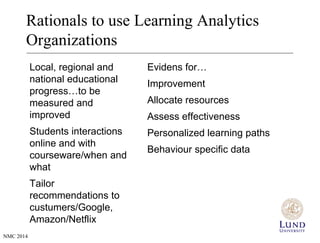Rationals to use Learning Analytics 
Organizations 
Local, regional and 
national educational 
progress…to be 
measured and 
improved 
Students interactions 
online and with 
courseware/when and 
what 
Tailor 
recommendations to 
custumers/Google, 
Amazon/Netflix 
Evidens for… 
Improvement 
Allocate resources 
Assess effectiveness 
Personalized learning paths 
Behaviour specific data 
NMC 2014 
 