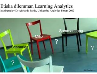 Etiska dilemman Learning Analytics 
Inspirerad av Dr Abelardo Pardo, University Analytics Forum 2013 
CC Pixaby.com 
Miljö 
Sammanhang 
Scenarier 
? 
? 
? 
 