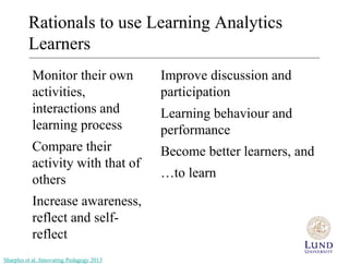 Rationals to use Learning Analytics 
Learners 
Monitor their own 
activities, 
interactions and 
learning process 
Compare their 
activity with that of 
others 
Increase awareness, 
reflect and self-reflect 
Improve discussion and 
participation 
Learning behaviour and 
performance 
Become better learners, and 
…to learn 
Sharples et al. Innovating Pedagogy 2013 
 