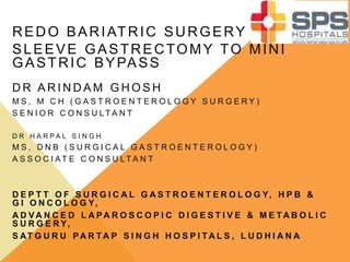 REDO BARIATRIC SURGERY
SLEEVE GASTRECTOMY TO MINI
GASTRIC BYPASS
D R A R I N D A M G H O S H
M S , M C H ( G A S T R O E N T E R O L O G Y S U R G E R Y )
S E N I O R C O N S U L T A N T
D R H A R P A L S I N G H
M S , D N B ( S U R G I C A L G A S T R O E N T E R O L O G Y )
A S S O C I A T E C O N S U L T A N T
D E P T T O F S U R G I C A L G A S T R O E N T E R O L O G Y, H P B &
G I O N C O L O G Y,
A D V A N C E D L A P A R O S C O P I C D I G E S T I V E & M E T A B O L I C
S U R G E R Y,
S AT G U R U PA R T A P S I N G H H O S P I T A L S , L U D H I A N A
 