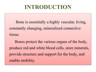 INTRODUCTION
Bone is essentially a highly vascular, living,
constantly changing, mineralized connective
tissue.
Bones protect the various organs of the body,
produce red and white blood cells, store minerals,
provide structure and support for the body, and
enable mobility.
 