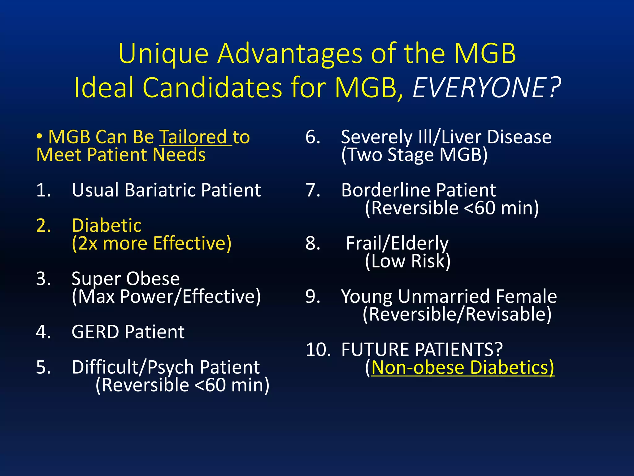 Unique Advantages of the MGB
Ideal Candidates for MGB, EVERYONE?
• MGB Can Be Tailored to
Meet Patient Needs
1. Usual Bariatric Patient
2. Diabetic
(2x more Effective)
3. Super Obese
(Max Power/Effective)
4. GERD Patient
5. Difficult/Psych Patient
(Reversible <60 min)
6. Severely Ill/Liver Disease
(Two Stage MGB)
7. Borderline Patient
(Reversible <60 min)
8. Frail/Elderly
(Low Risk)
9. Young Unmarried Female
(Reversible/Revisable)
10. FUTURE PATIENTS?
(Non-obese Diabetics)
 