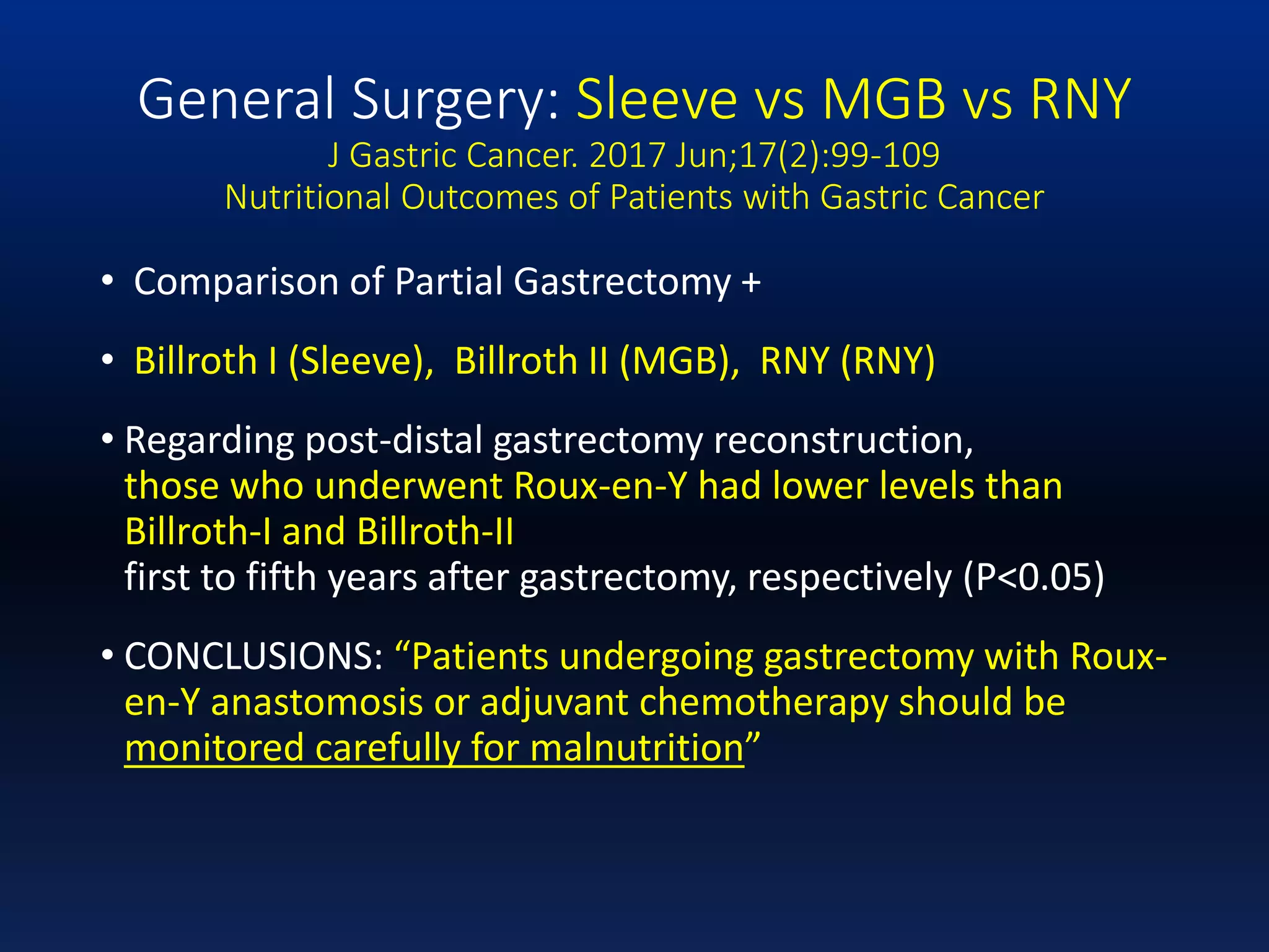 General Surgery: Sleeve vs MGB vs RNY
J Gastric Cancer. 2017 Jun;17(2):99-109
Nutritional Outcomes of Patients with Gastric Cancer
• Comparison of Partial Gastrectomy +
• Billroth I (Sleeve), Billroth II (MGB), RNY (RNY)
• Regarding post-distal gastrectomy reconstruction,
those who underwent Roux-en-Y had lower levels than
Billroth-I and Billroth-II
first to fifth years after gastrectomy, respectively (P<0.05)
• CONCLUSIONS: “Patients undergoing gastrectomy with Roux-
en-Y anastomosis or adjuvant chemotherapy should be
monitored carefully for malnutrition”
 