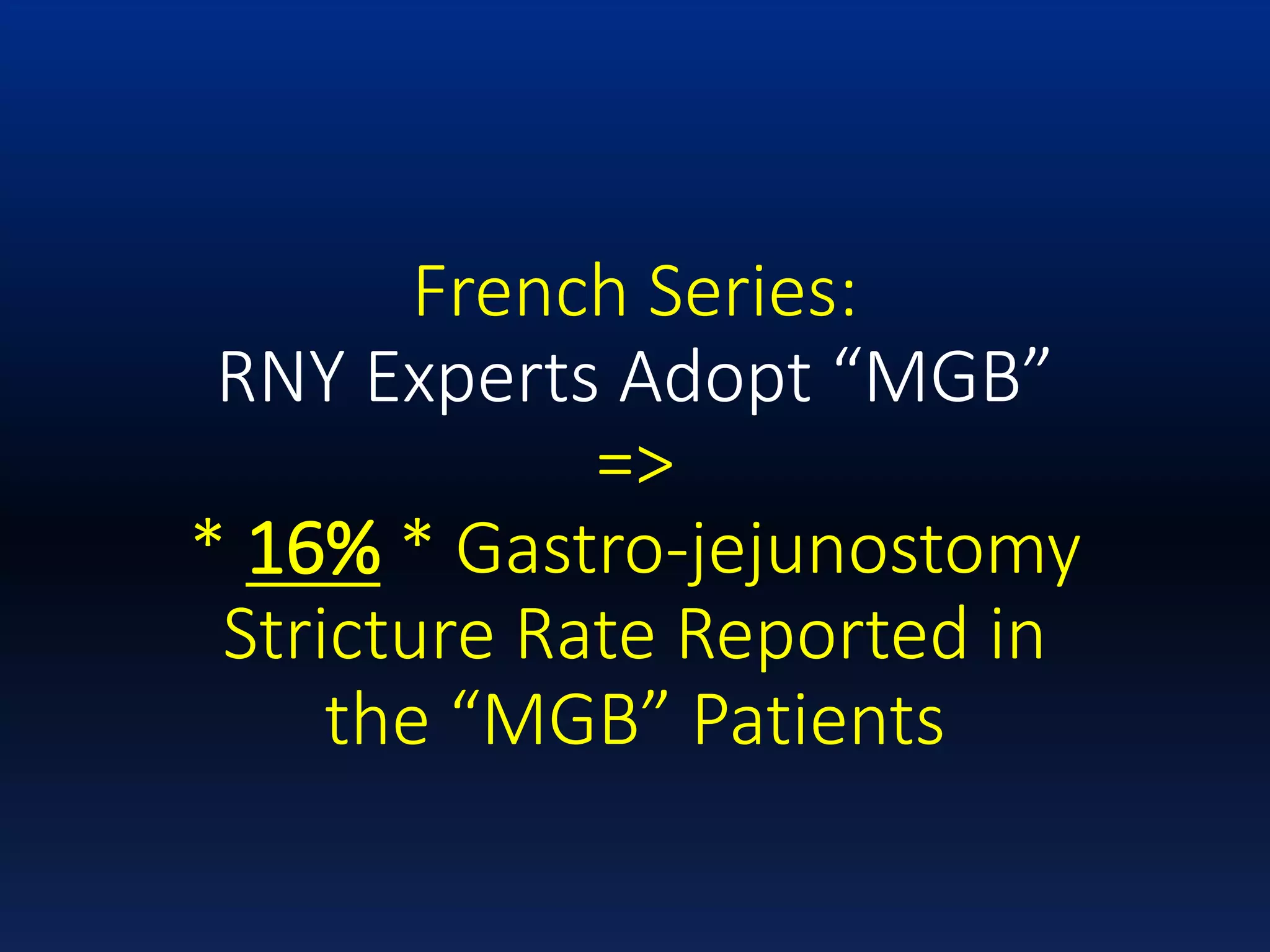 French Series:
RNY Experts Adopt “MGB”
=>
* 16% * Gastro-jejunostomy
Stricture Rate Reported in
the “MGB” Patients
 
